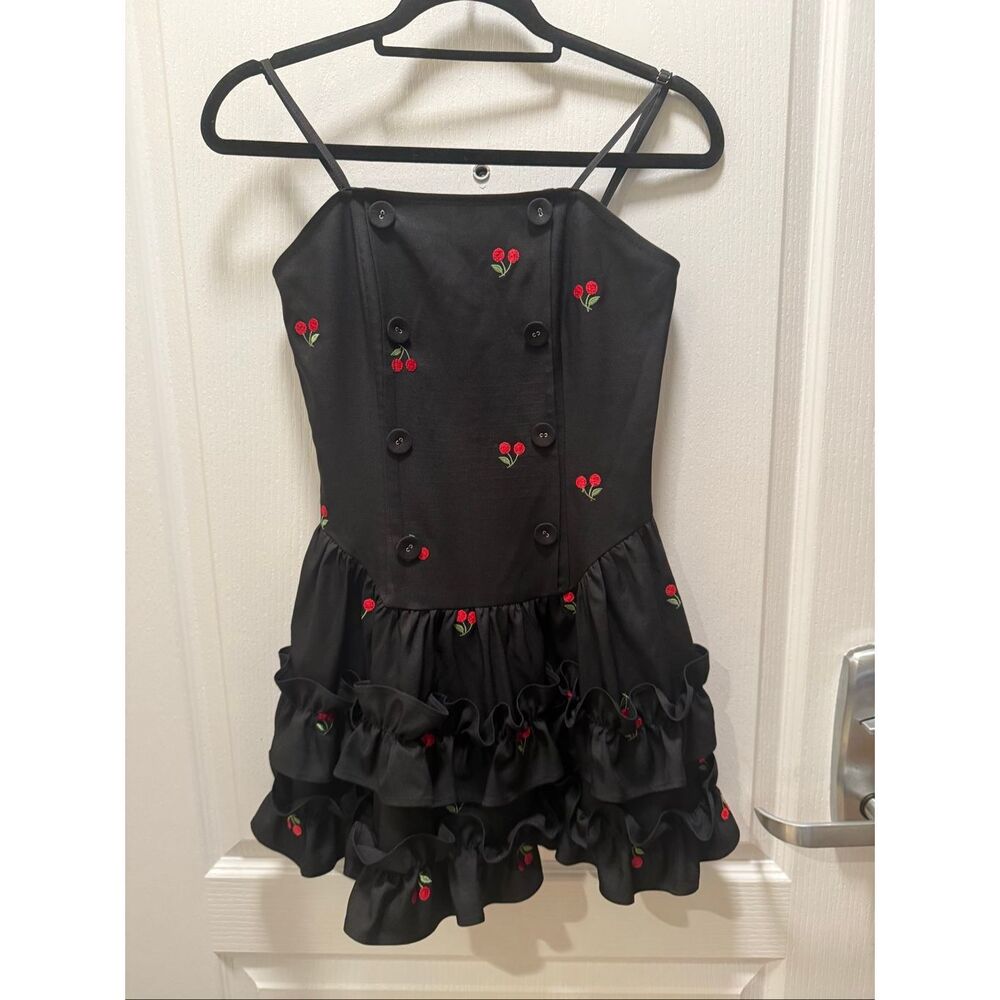 Vintage cherry embroidered ruffle mini dress size S red cottagecore preloved gem - Picture 7 of 7